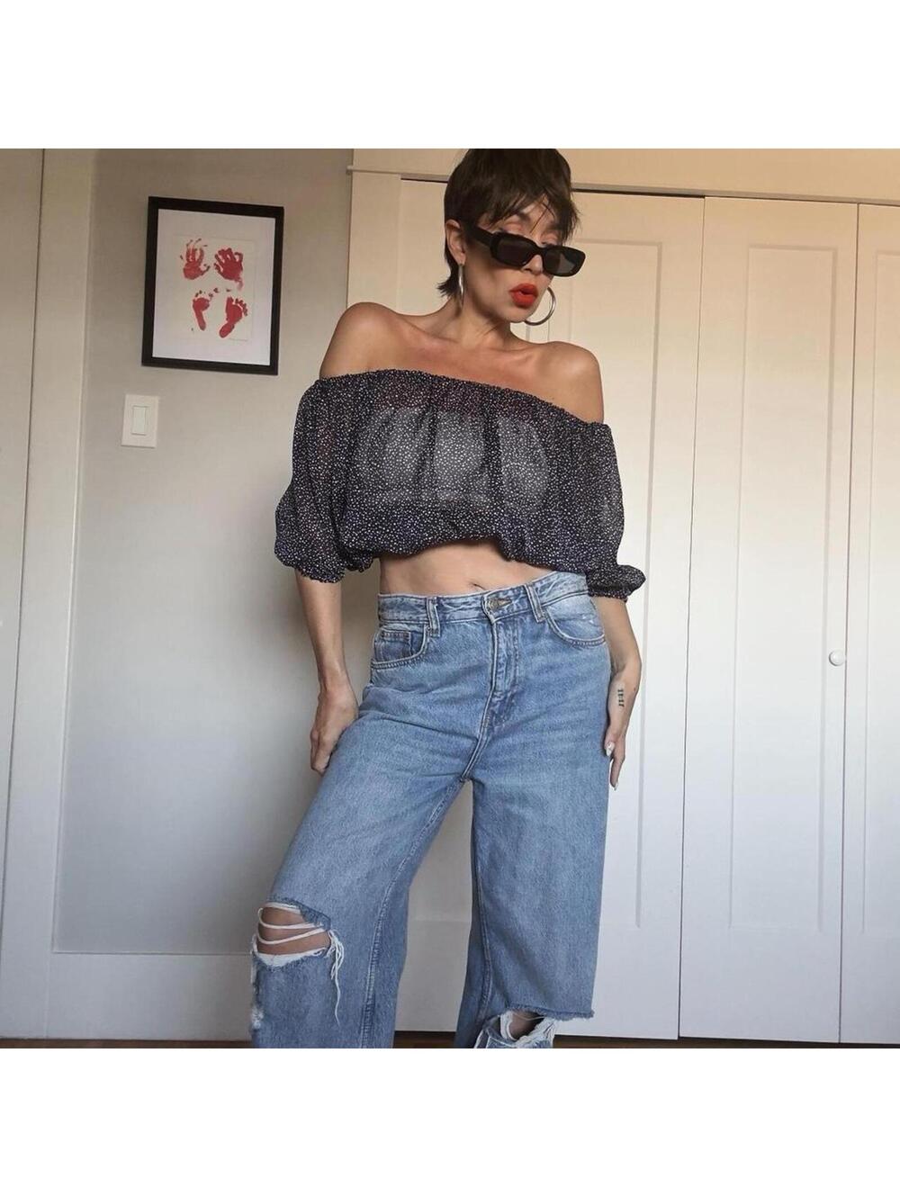 y2k sheer polka dot off shoulder top – navy crop